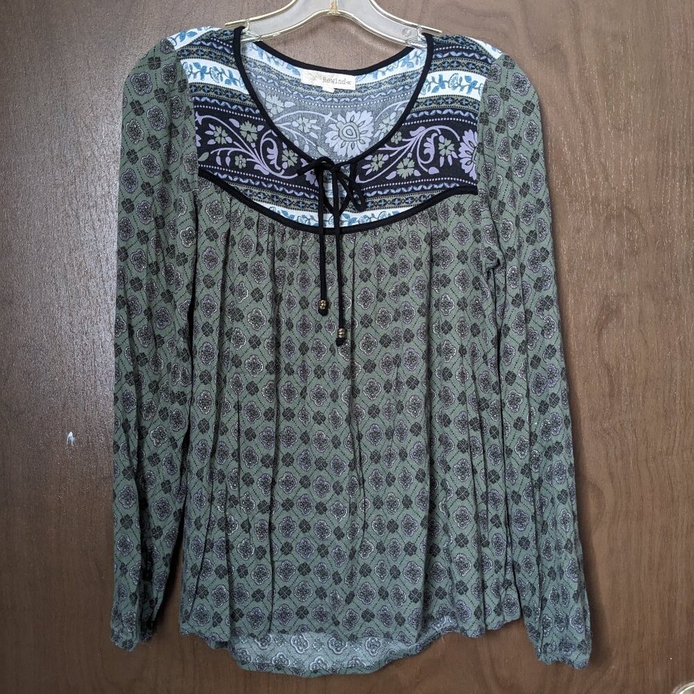 Boho Hippie Floral Rewind Top Womens S Green Black Long Sleeve Shirt Cottagecore